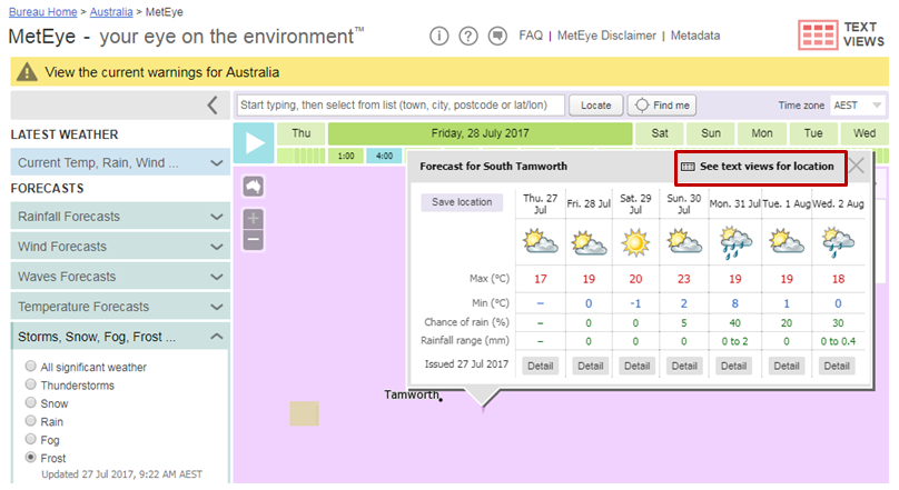 Image: MetEye frost forecast (pop-up window)