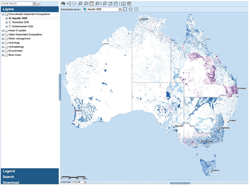 Screen shot of the GDE Atlas showing the aquatic GDE layer