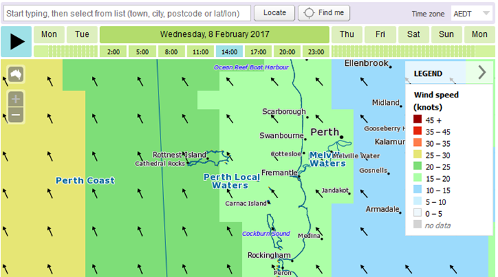 Image: Forecast of wind speed and direction, with marine zones visible