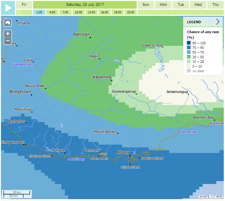 Image: Chance of rain with place names, rivers and lakes, and catchments visible