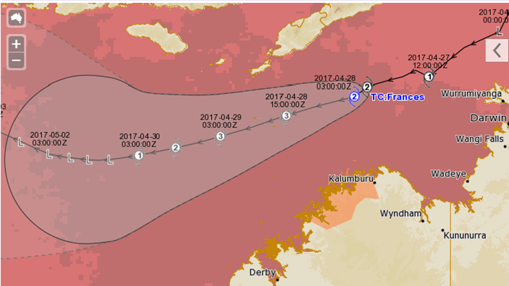 Image: Tropical cyclone track map overlaid on current sea surface temperatures