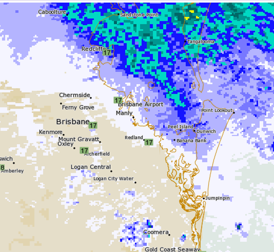 Image: Current temperature observations overlaid with the rain radar