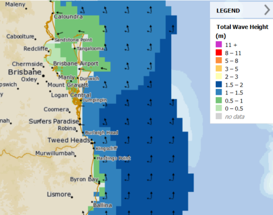 MetEye ‘Total wave height’ map showing a combination of a larger southerly swell (the larger arrows) interacting with a smaller easterly swell (the smaller arrows) off the southern Queensland coast.