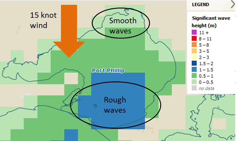 MetEye wind wave height map showing smooth vs rough waves