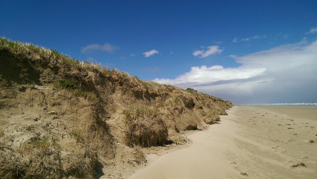 An eroded cliff rises abruptly from a flat, sandy beach under a blue and partially cloudy sky.