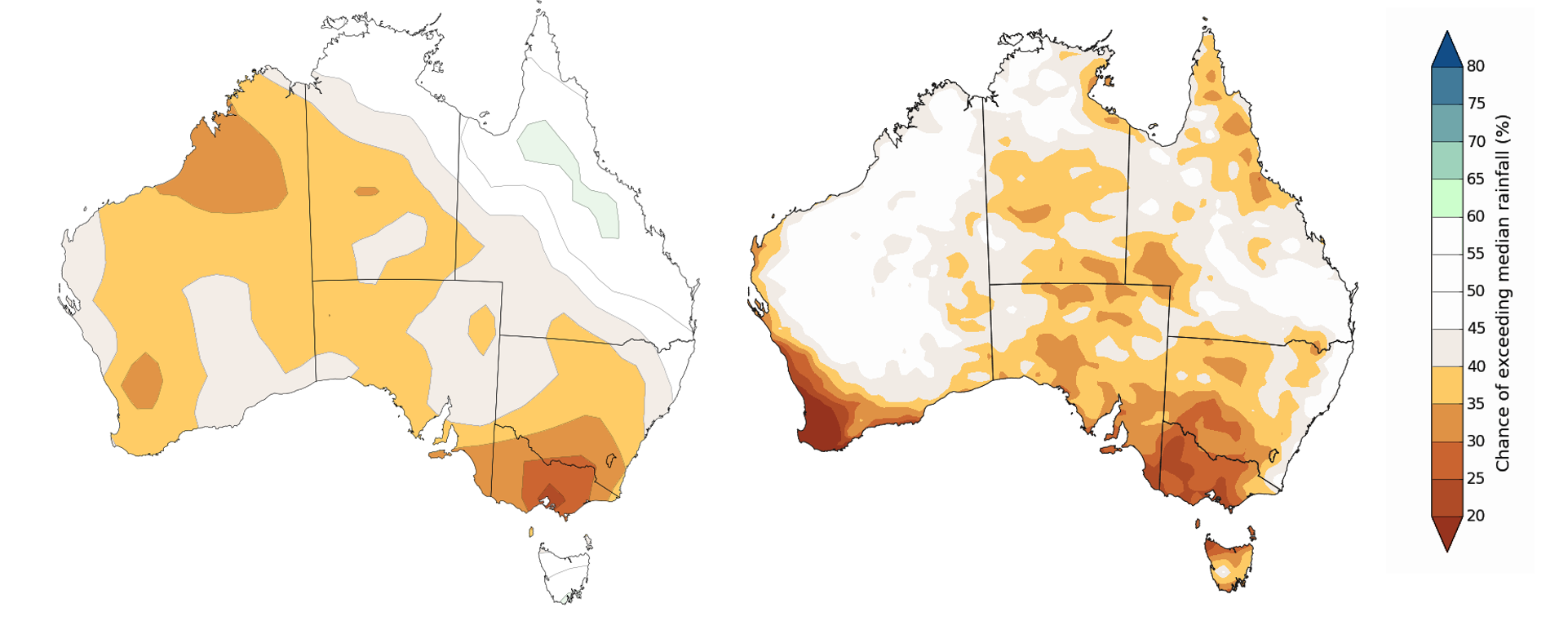 Two maps side by side showing the spring rainfall outlook for 2018 produced from the old model (much less detailed) and the new model (greater detail), described in the text above and below