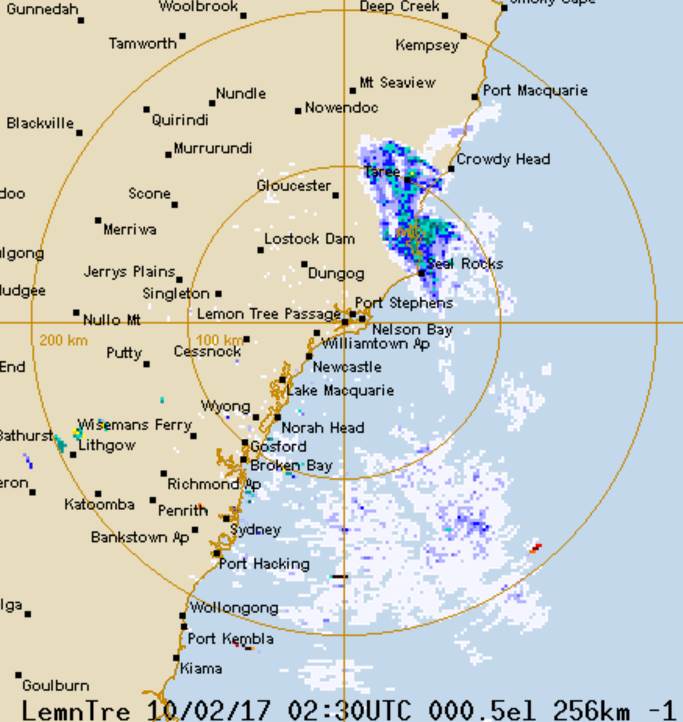 Radar image showing rain on NSW coast 10 February 2017