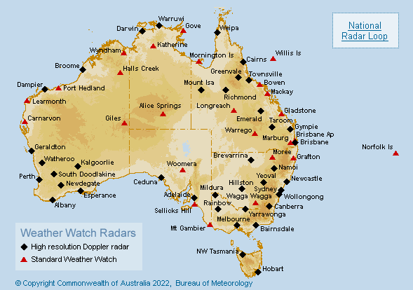 Map of Australia showing the locations of weather radars.
