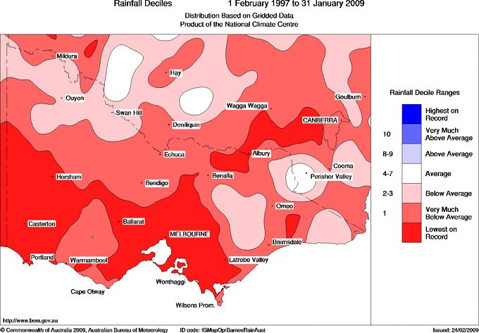 A map of Victoria showing by colour which areas experienced below-average to lowest-on-record rainfall.