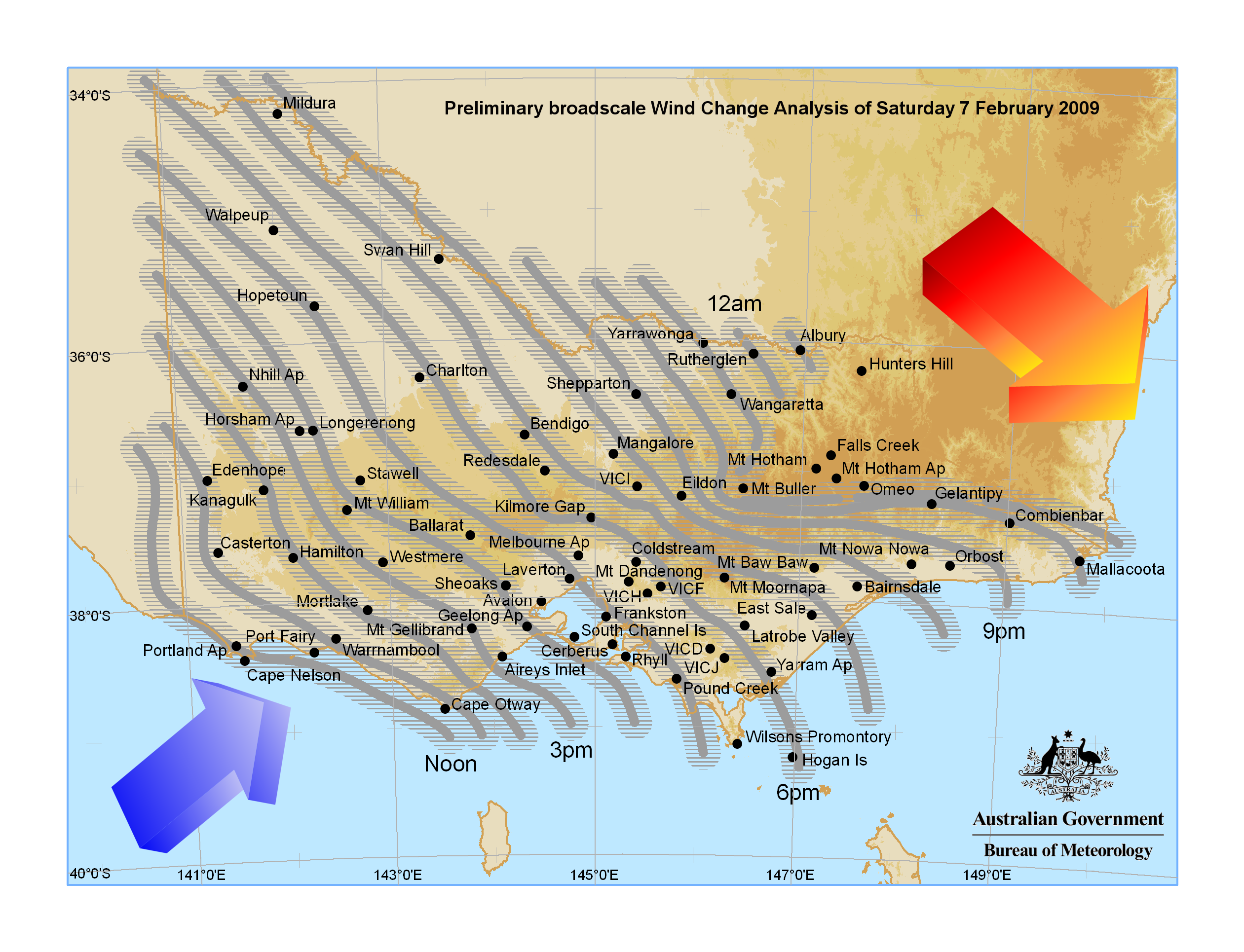 Map of Victoria with approximately diagonal grey lines showing the the wind change occurred at different locations.