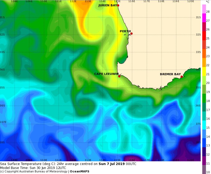 Forecast sea surface temperature and currents screen shot, where different colours correspond to different sea temperatures