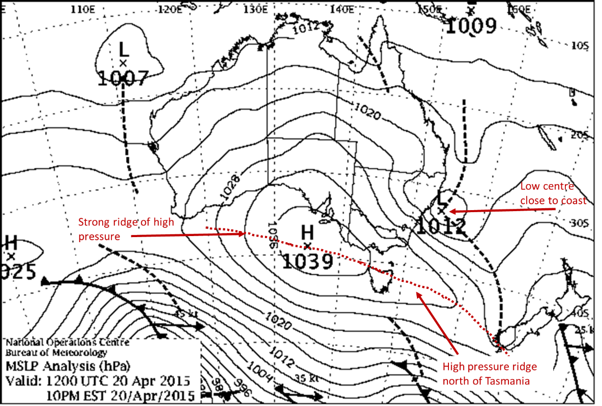 Weather map showing an ECL off NSW and pointing out the strong high pressure ridge across the Great Australian Bight and extending to north of Tasmania. 