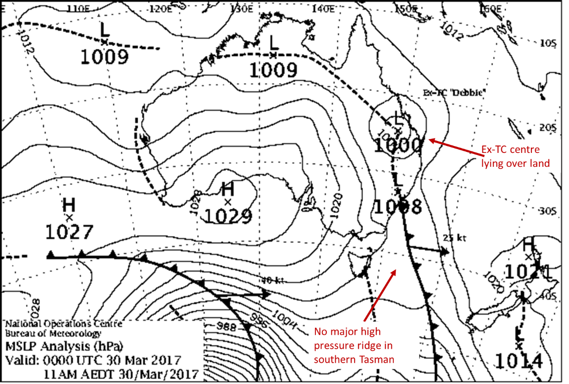 Weather map showing ex-tropical cyclone Debbie over land in Queensland or northern NSW as part of a low pressure trough, and the absence of a high pressure ridge in the southern Tasman Sea