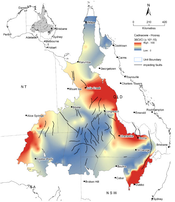 Map: Ratio of chlorine-36 to chloride in the Cadna-owie - Hooray Aquifer and equivalents in the Great Artesian Basin. High values, shown in red, can be used to identify recharge areas. Credit: CSIRO and Geoscience Australia, 2013.