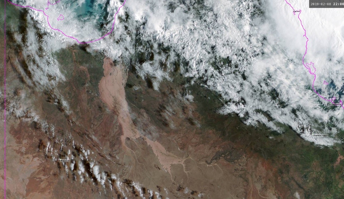 Satellite image of western Queensland showing extensive brown flood waters in the Gulf of Carpentaria and a long way south of there.