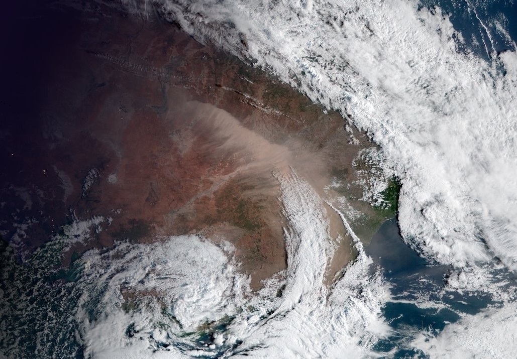 Satellite image of a large dust storm rolling through central New South Wales on 22 November 2018