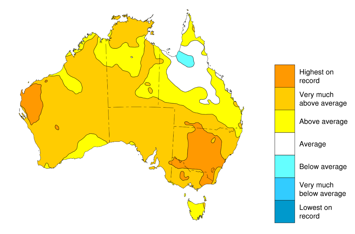 Map showing maximum temperature for August in relation to averages for this time of year.