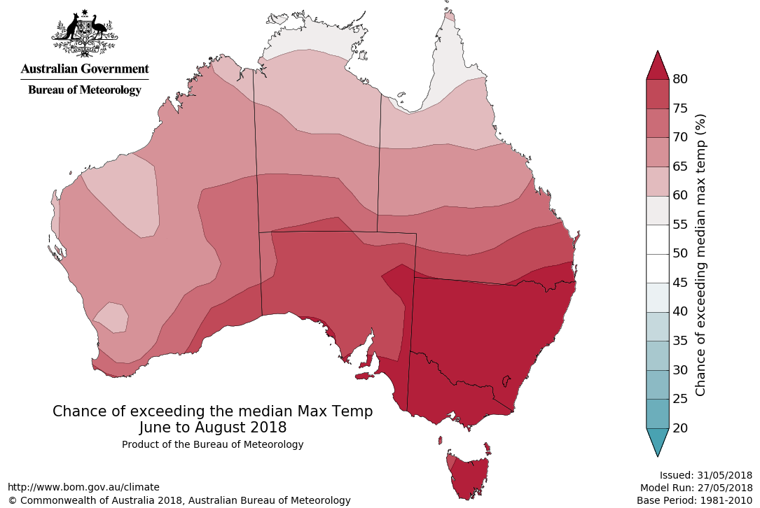 Map showing the chance of exceeding the median maximum temperature June to August 2018.
