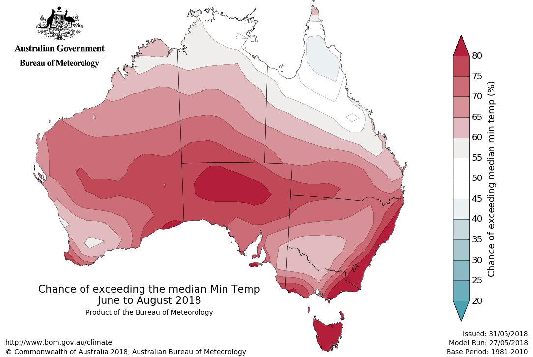 Map showing the chance of exceeding the median minimum temperature June to August 2018.