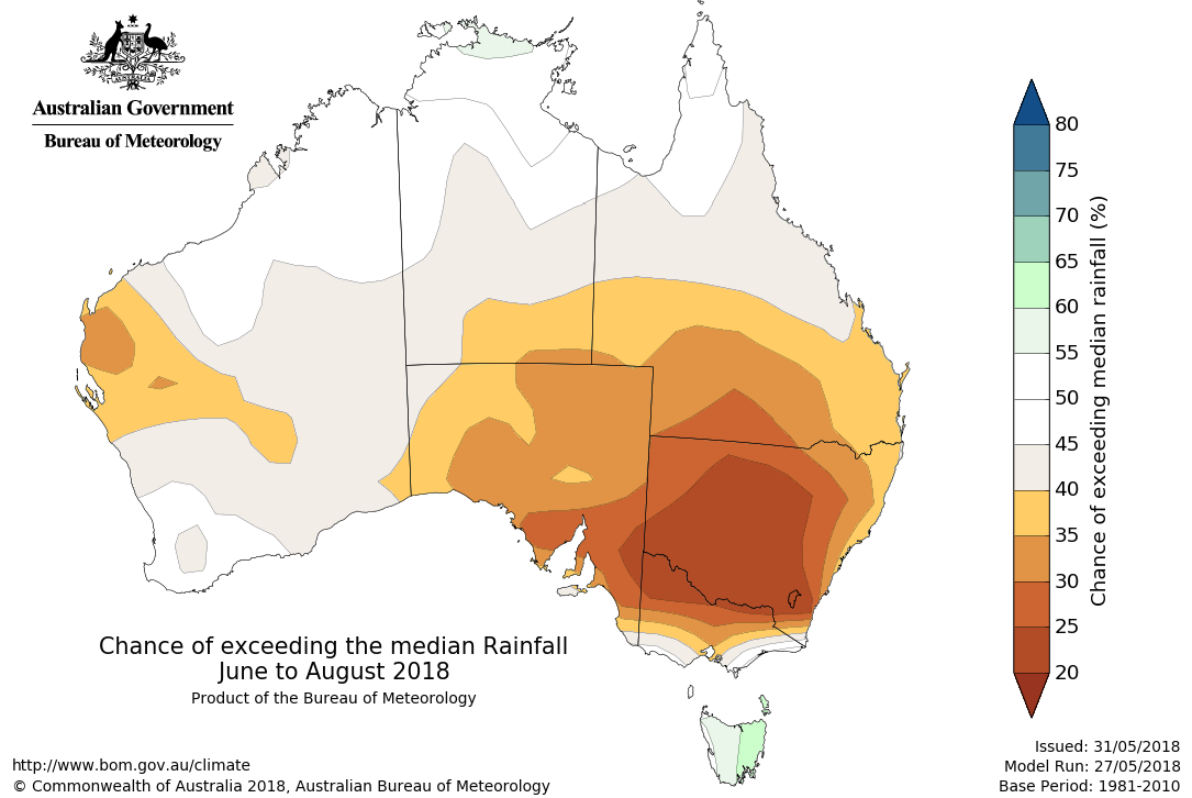 Map showing chance of exceeding median rainfall June to August 2018.