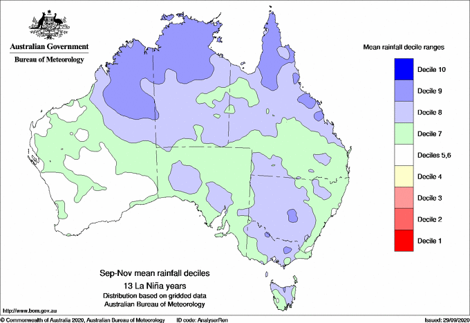 Map of Australia showing high average rainfall in much of the northern half and eastern states, as well as parts of south Australia.
