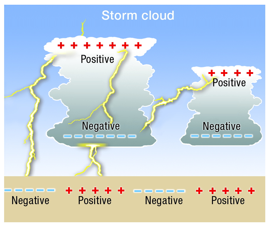 Diagram showing how lightning happens when sufficient positive and negative charge occurs in thunderstorm clouds to cause a discharge.