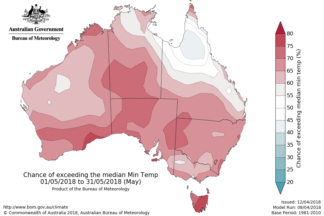 Map showing chance of exceeding median minimum temperature for May 2018