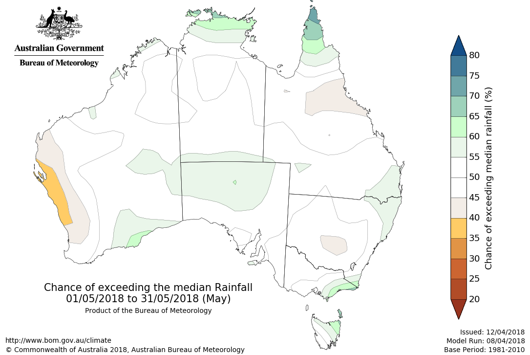 Map showing chance of exceeding median rainfall in May 2018