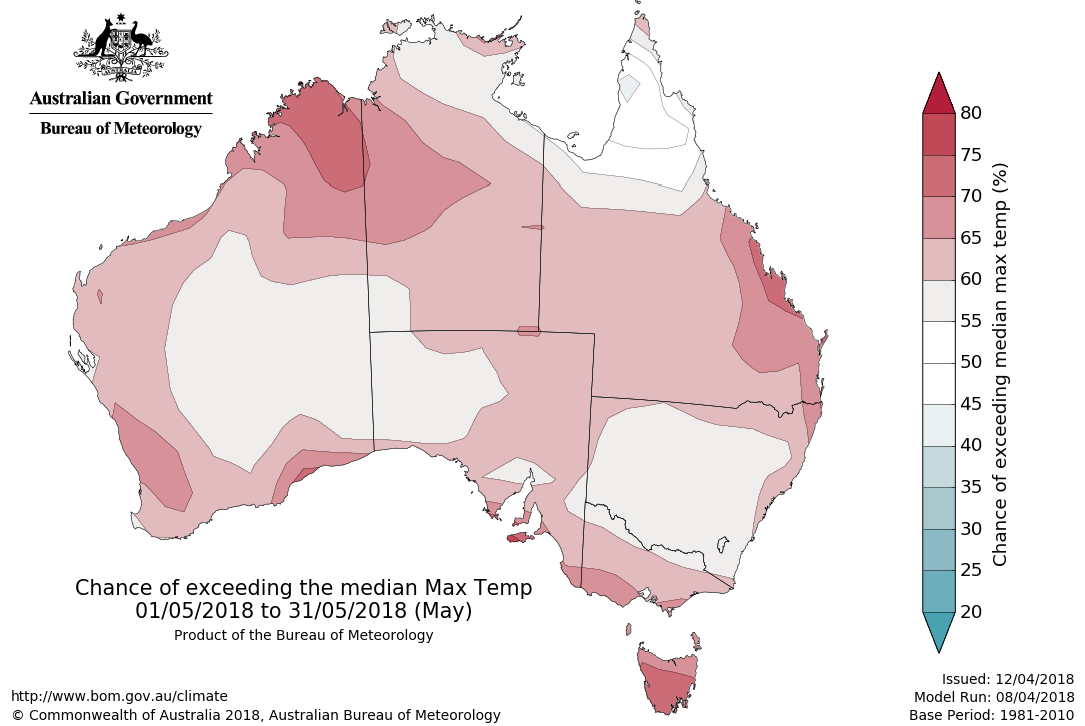 Map showing chance of exceeding median maximum temperature in May 2018