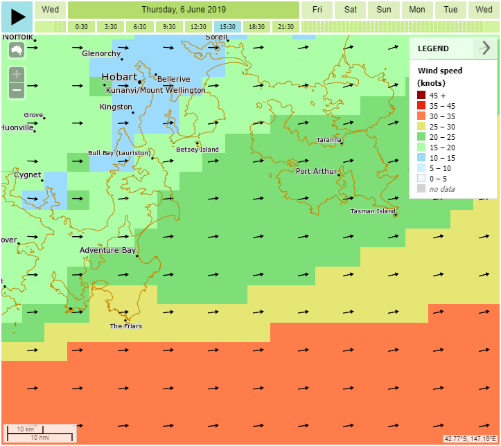 Example map around Hobart showing stronger winds offshore (yellow and orange colours) compared to lighter winds (green colours) in protected coastal bays. 