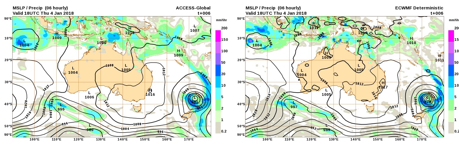The ACCESS model (left) and the EC model (right) showing forecast conditions for the same period.