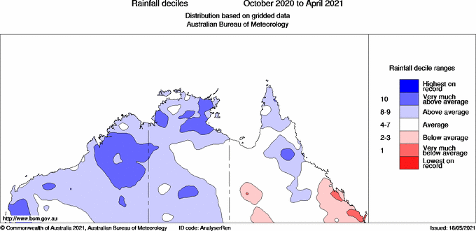 Northern half of Australia showing rainfall ranges over most northern and western areas as above average to highest on record. Some areas in Queensland show as below average.
