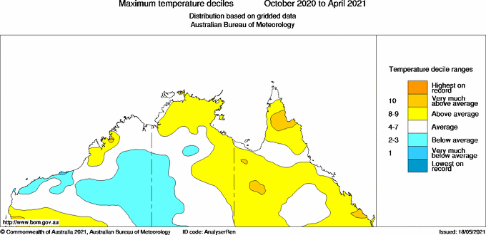 Northern Australia showing temperatures average or above average, apart from and area of Western Australia and the Northern Territory.