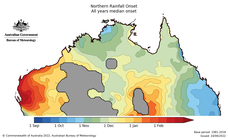 Map of northern Australia with colours showing the average onset date of the northern rains.
