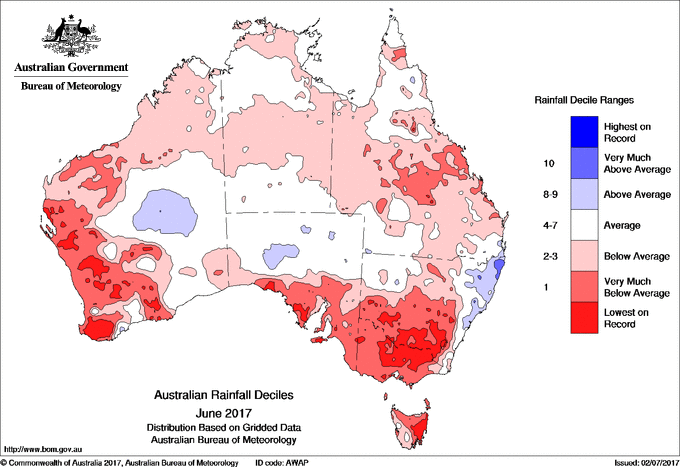 Map of rainfall deciles across Australia for June 2017.