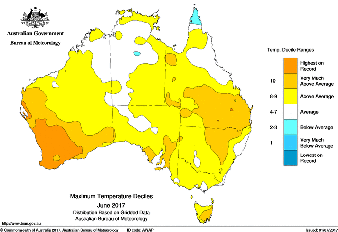 Map of maximum temperature deciles across Australia for June 2017.