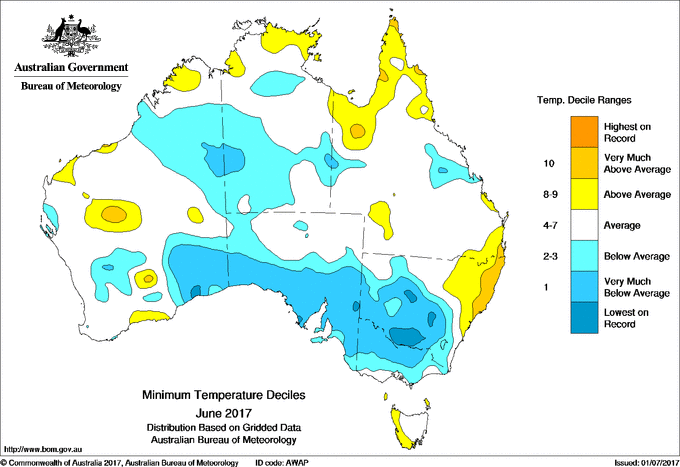 Image: Minimum temperature deciles across Australia for June 2017. 