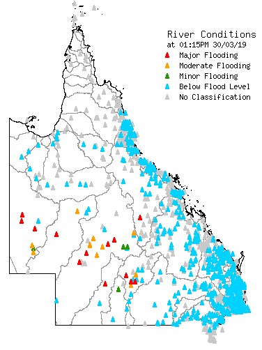 Example map of Queensland from BOM website showing the flood status of the state's rivers.