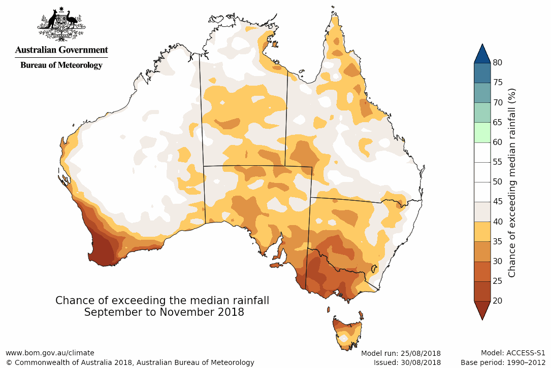 Map showing the chance of exceeding median rainfall September–November 2018.