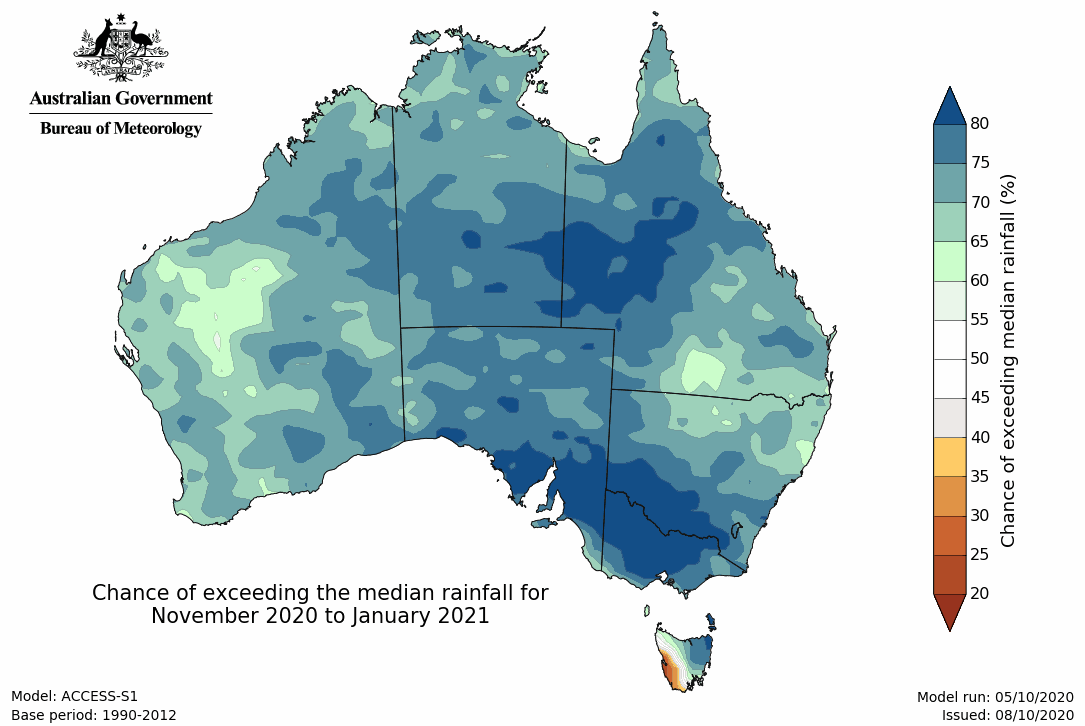 Map of Australia showing a high chance of exceeding normal rainfall over the season ahead.