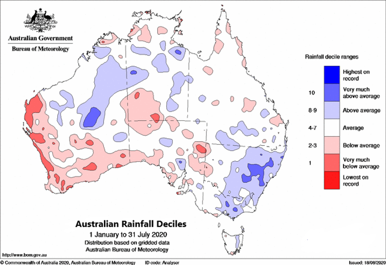 Map of Australia showing average and above-average rainfall for most of the country, except parts of the Northern Territory and much of southern Western Australia.
