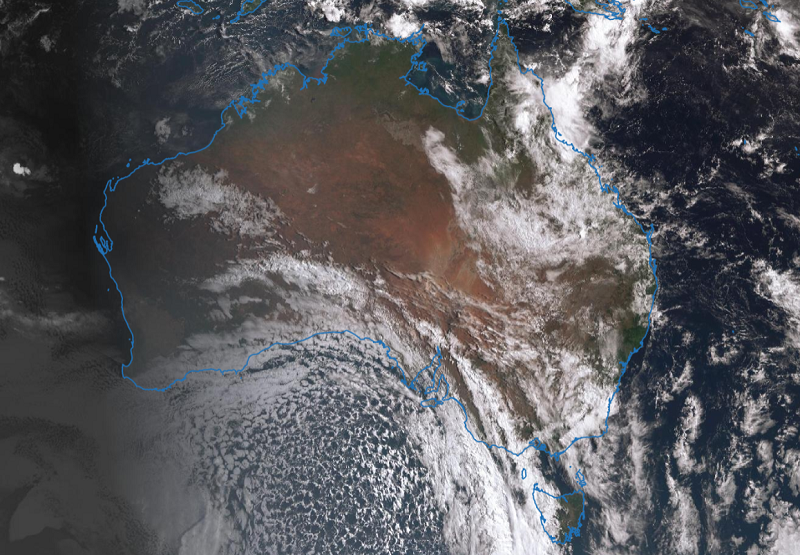 Satellite image of Australia showing clouds around the country