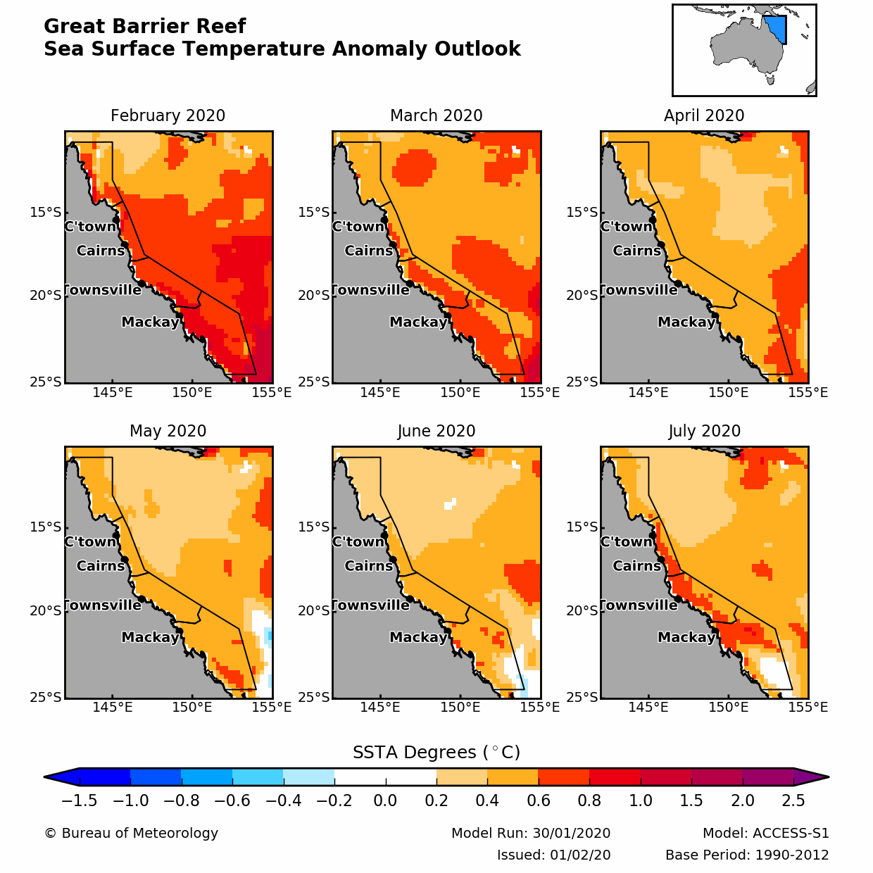 Six sea surface temperature maps, one for each month February to July. They show the sea is warmer than normal in all maps, with the highest difference from normal in February.