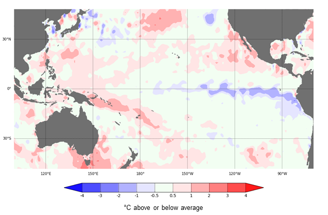 Map: Cooler-than-average sea surface temperatures in the eastern tropical (or equatorial) Pacific Ocean, one of the indicators of La Niña. The colour scale shows degrees difference from average temperatures for this time of year.