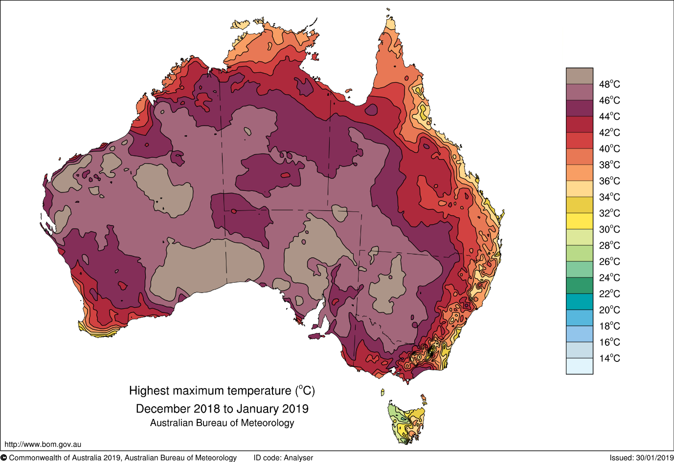 Map of Australia showing December–January highest maximum temperatures. The great majority of the map is brown or purple, indicating 44–48 °C, with most of the rest of the country showing as red or orange (36 °C to 42 °C). Only small areas of the east coast, Tasmania and southwest WA were below that.