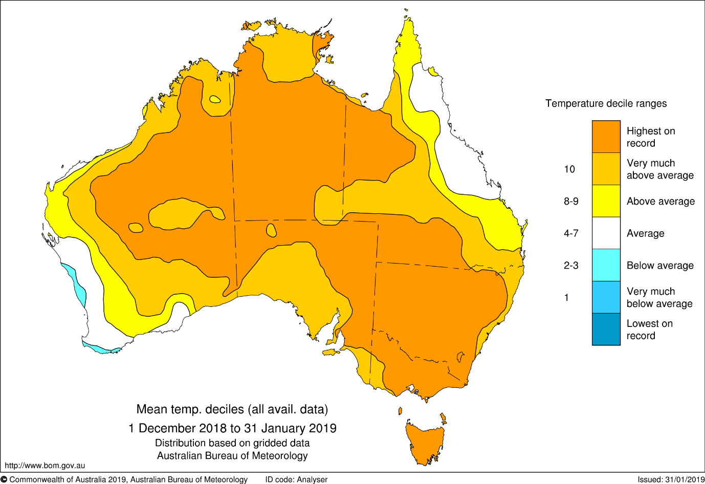 Map showing temperature deciles for December-January. only small areas of the country in southwest WA and Queensland's coast that were average or below average.