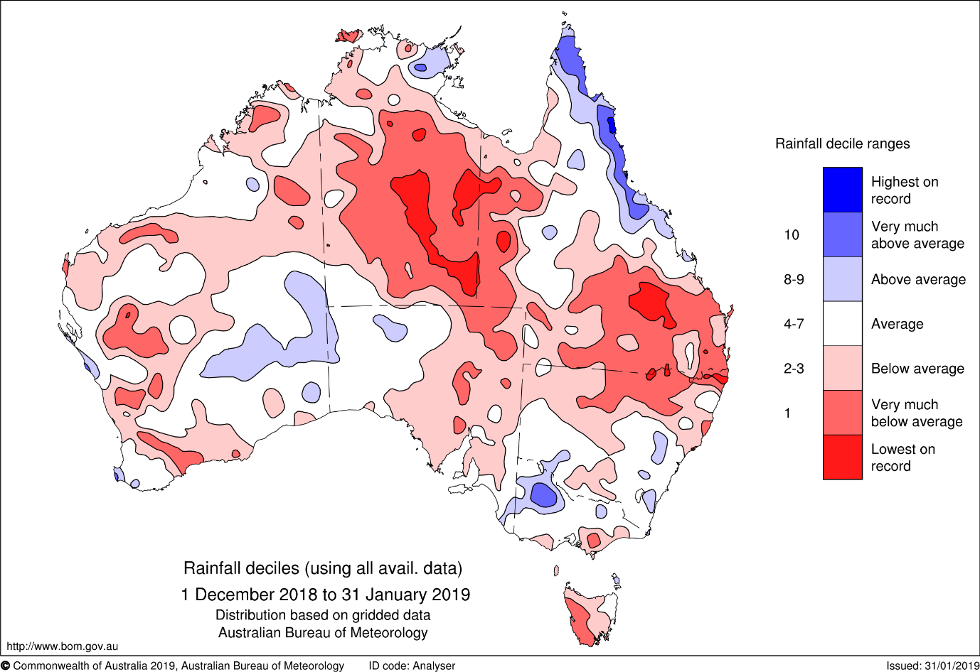 Map of Australia showing rainfall deciles for December–January. Most of the map is different shades of red or pink, indicating various levels of below-average rainfall. Only small areas of Queensland's northern coast, the Top End, western Victoria and inland Western Australia were above average.