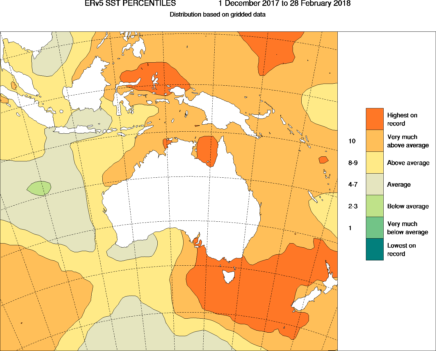 Map showing sea surface temperature with colours denoting temperatures and showing a large patch that's highest on record in the Tasman Sea.