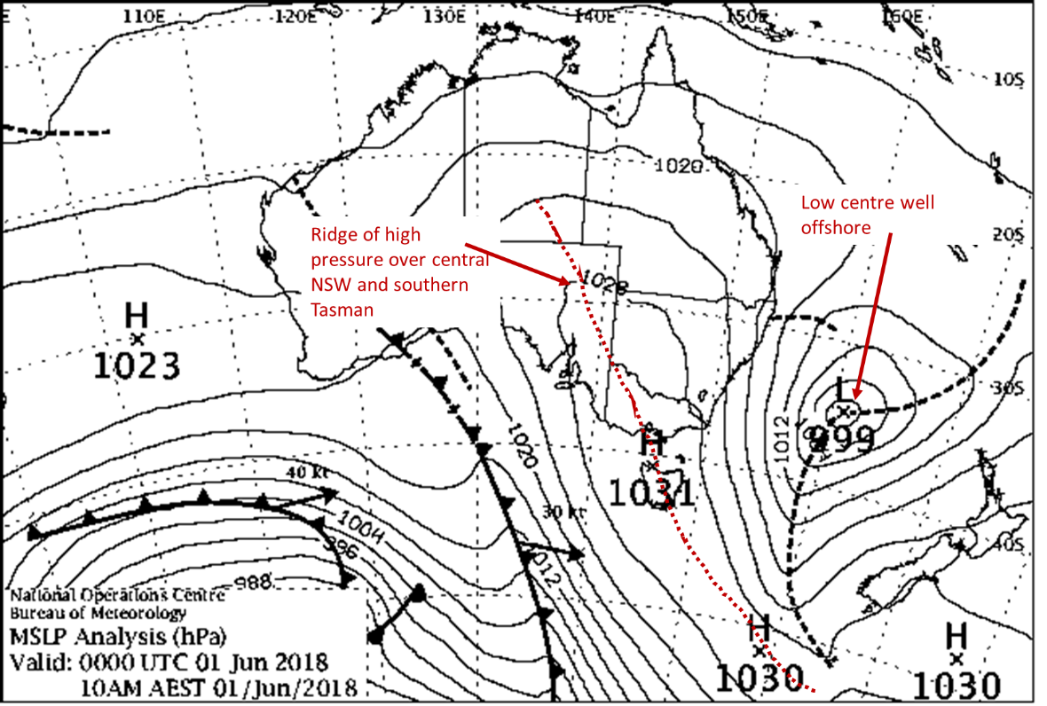 Weather map showing a low pressure system well offshore to Australia's east and a ridge of high pressure over central NSW and the southern Tasman.