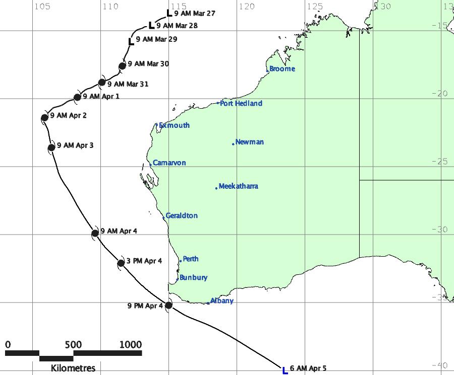 Track map: severe tropical cyclone Alby
